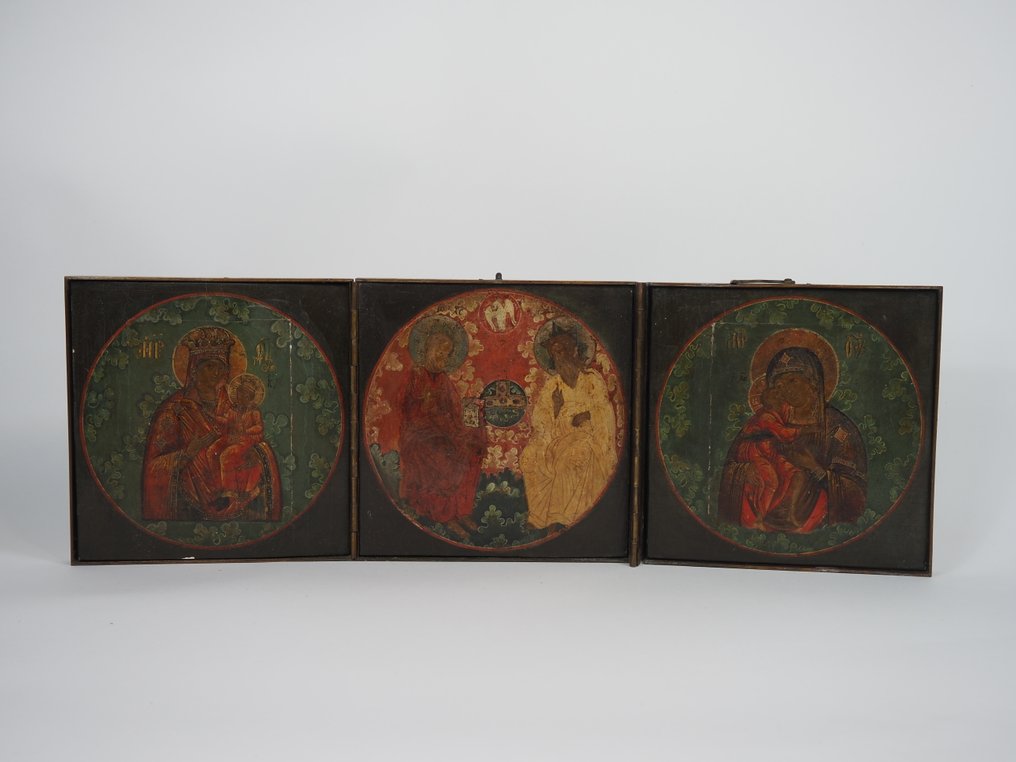 标志 - 带有圣三位一体和两幅圣母像的三联画 - 木, 黄铜 - 俄罗斯 #1.0