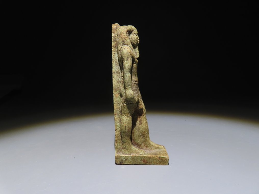 Ancient Egyptian Faience Nefertum amulet with hieroglyphs. Late Period 664 - 332 BC. 6.7 cm height. #4.3