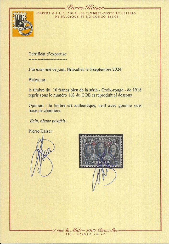 Βέλγιο 1918 - Rode Kruis 10F + 10F Μπλε, με Πιστοποιητικό Kaiser - OBP/COB 163 #1.0