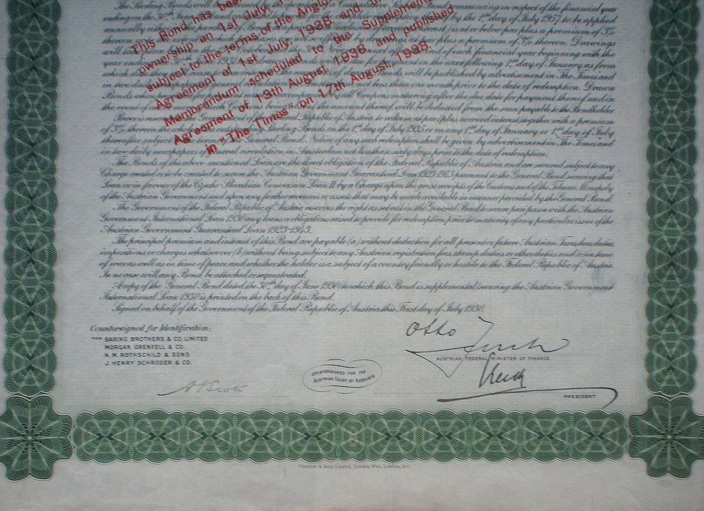 Oostenrijk. 7% Austrian Government 100 P. Sterling Bond to Bearer, uncancelled + coupons, in default (Zonder minimumprijs) #2.1