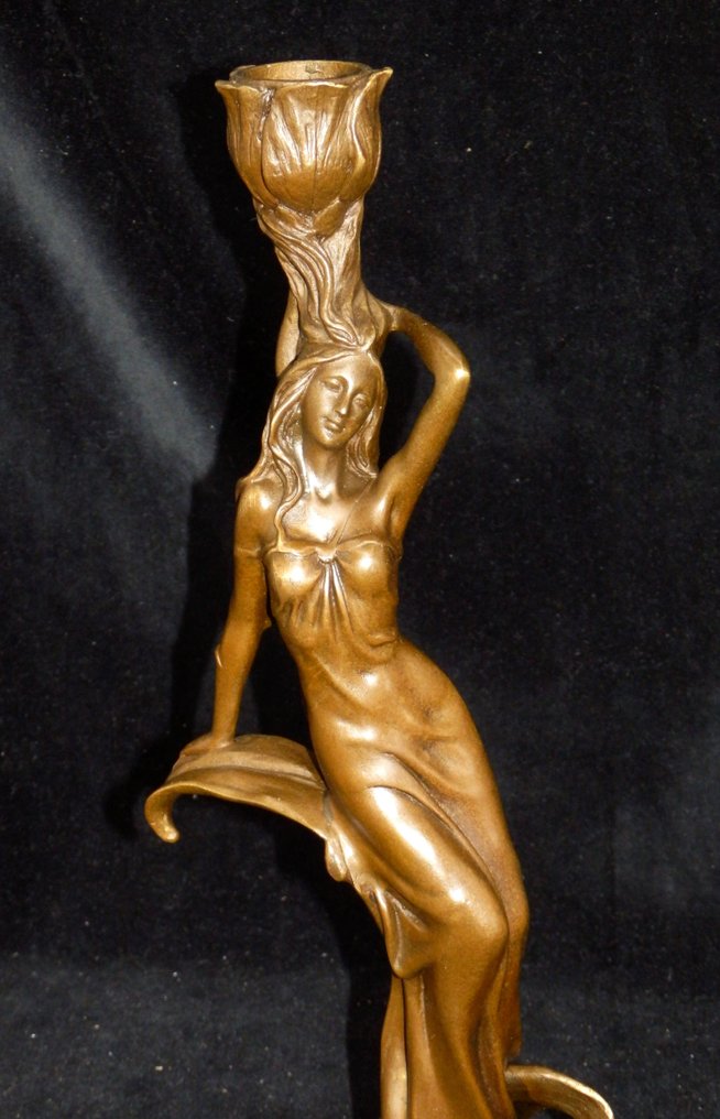 Scultura, Fraai bronzen Sculptuur van mooie vrouw in Art Nouveau Stijl (XL) - 33 cm - Bronzo, Marmo - 2020 #4.3
