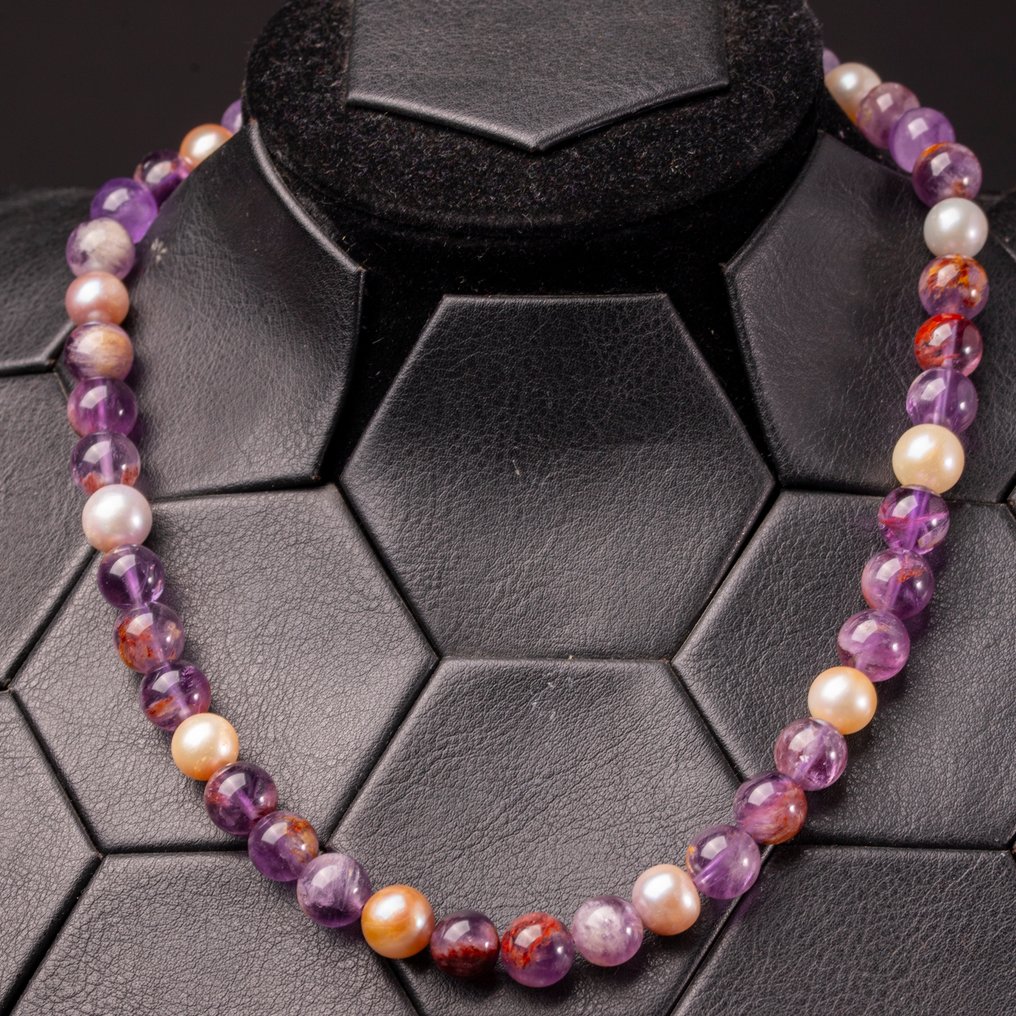 华丽的项链——玻利维亚紫水晶球体，内含金红石包裹体——珍珠 - 高度: 480 mm - 闊度: 10 mm- 69 g #1.0