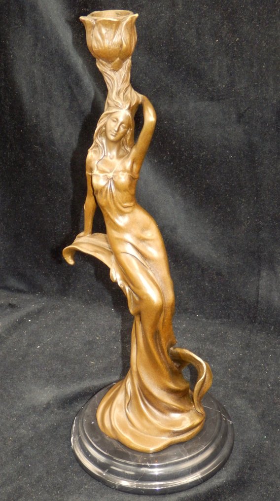 Scultura, Fraai bronzen Sculptuur van mooie vrouw in Art Nouveau Stijl (XL) - 33 cm - Bronzo, Marmo - 2020 #2.1