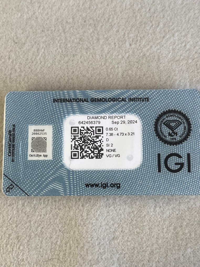 1 pcs Διαμάντι (Φυσικό) - 0.65 ct - Μαρκησία - D (άχρωμο) - SI2 - International Gemological Institute (IGI) #1.0