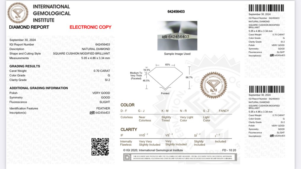 1 pcs 钻石 (天然) - 0.70 ct - 枕形 - G - SI2 微内含二级 - 国际宝石研究院(IGI) #2.1