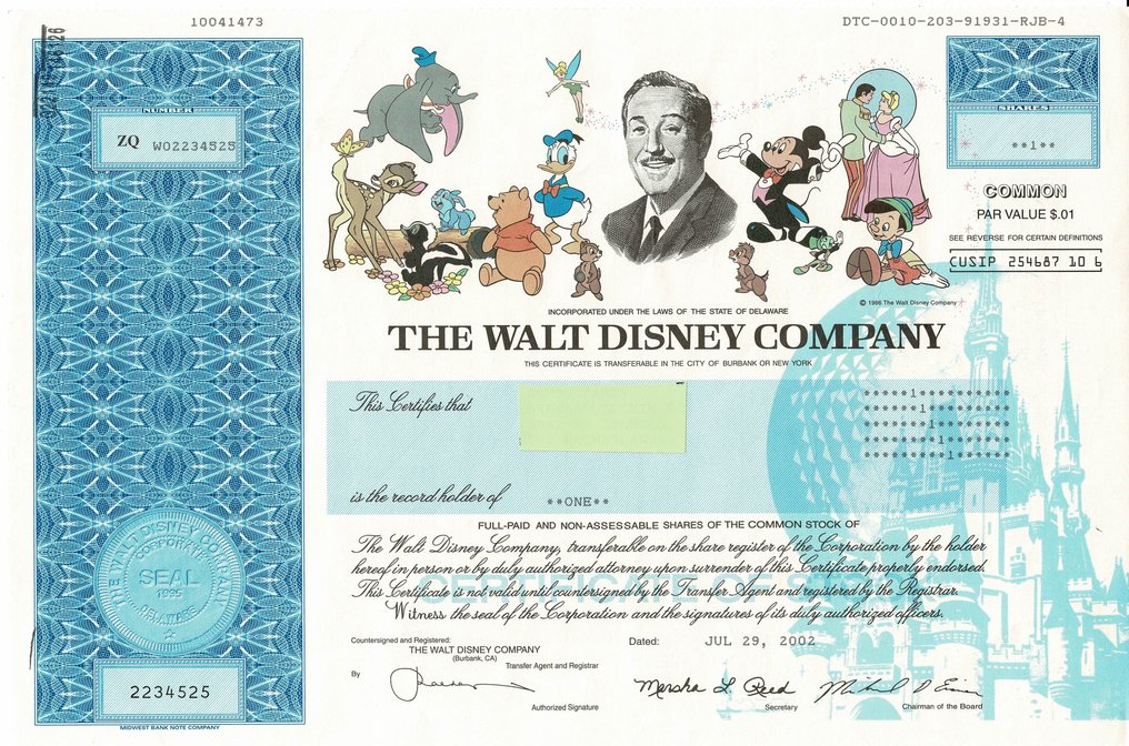 Certificate Disney Original Walt Disney Stock Certificate One