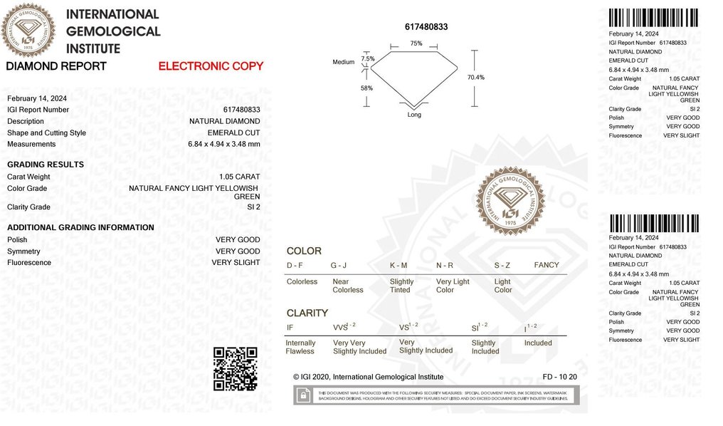 1 pcs Gyémánt (Természetes színű) - 1.05 ct - Smaragd - Fancy light Sárgás Zöld - SI2 - Nemzetközi Gemmológiai Intézet (IGI) #1.0