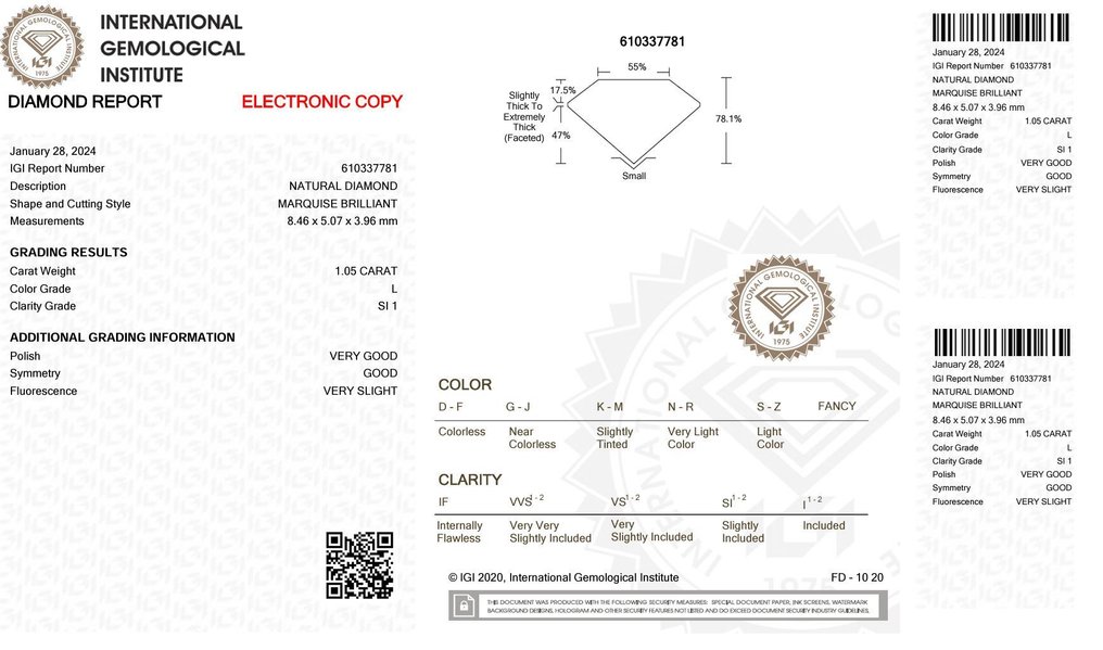 1 pcs 钻石  (天然)  - 1.05 ct - 榄尖形 - L - SI1 微内含一级 - 国际宝石研究院（IGI） #2.1