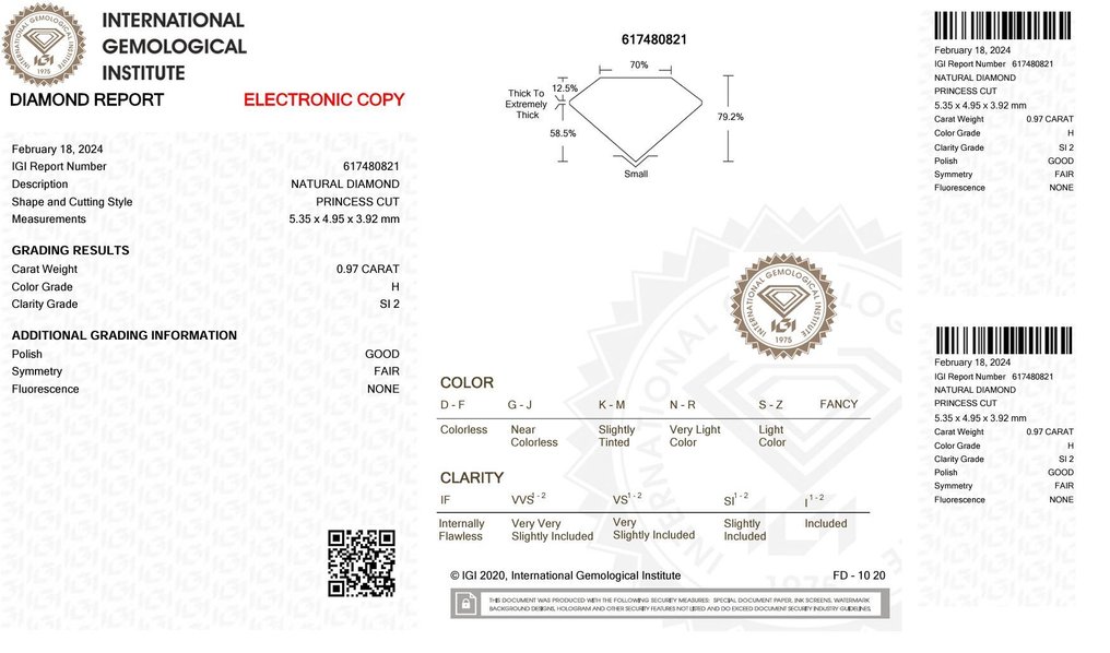 1 pcs 钻石  (天然)  - 0.97 ct - 矩形 - H - SI2 微内含二级 - 国际宝石研究院（IGI） #2.1