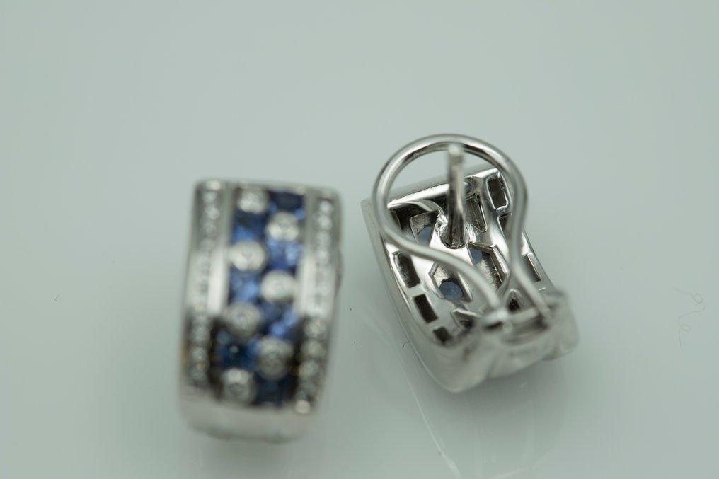 Drop fülbevaló - 18 kt. Fehér arany Gyémánt (Természetes)  - Zafír #4.3