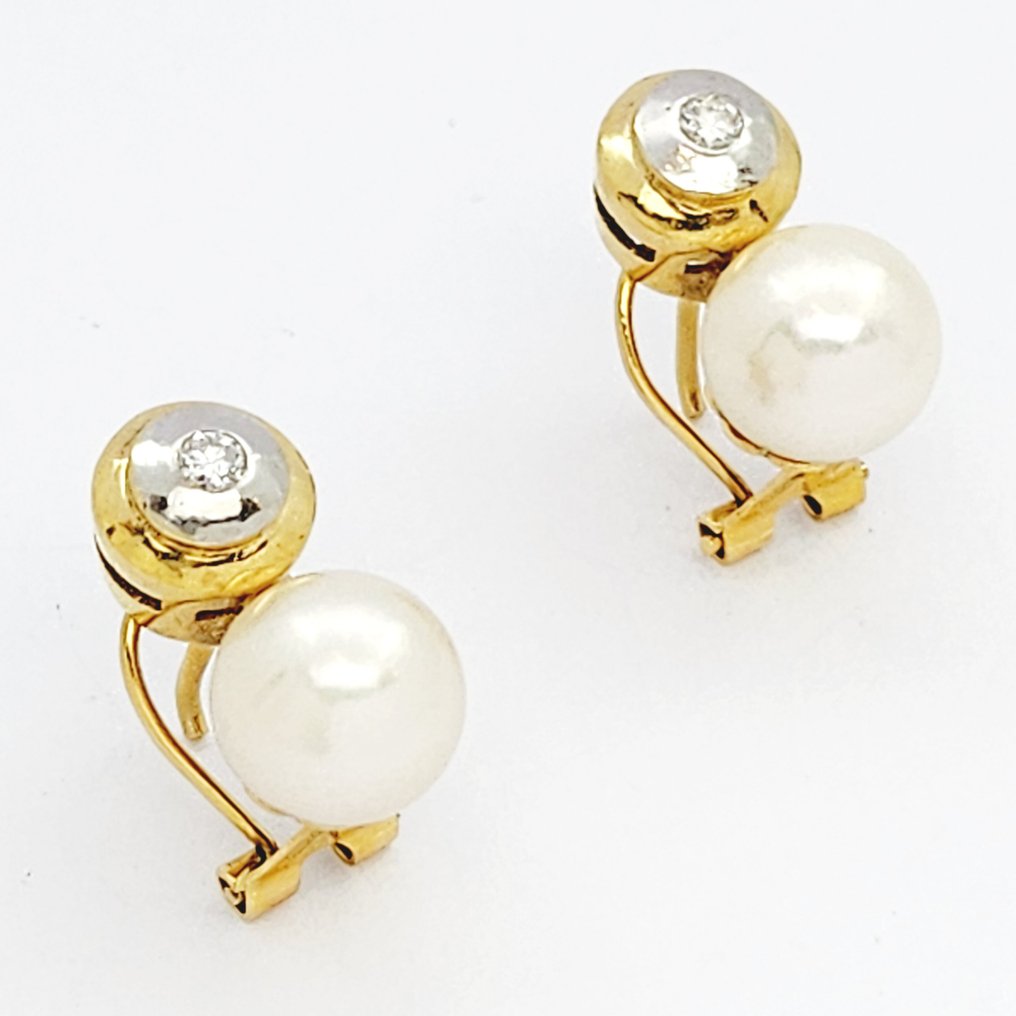 耳环 - 18K包金 白金, 黄金 - 0.18ct. tw. 钻石 (天然) - 珍珠 #1.0