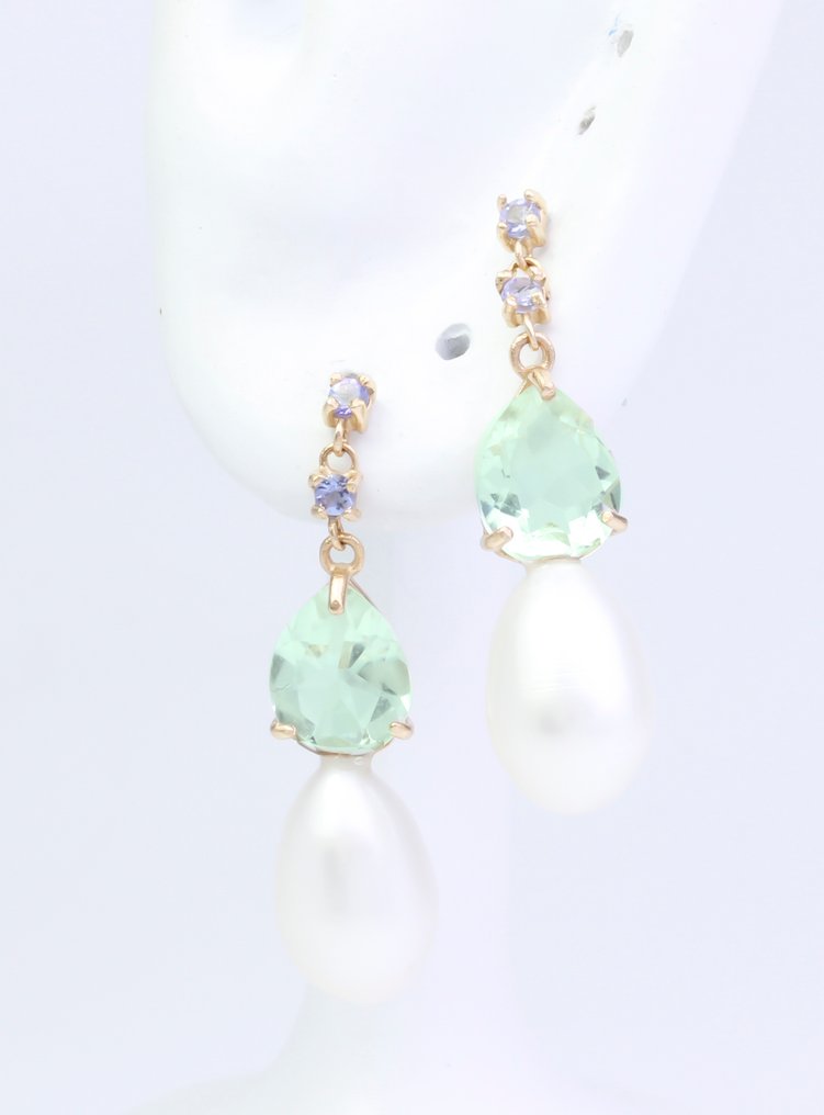 没有保留价 - 耳环 - 14K包金 黄金 珍珠 - 混合宝石 - Amethyst - Tanzanite #1.0