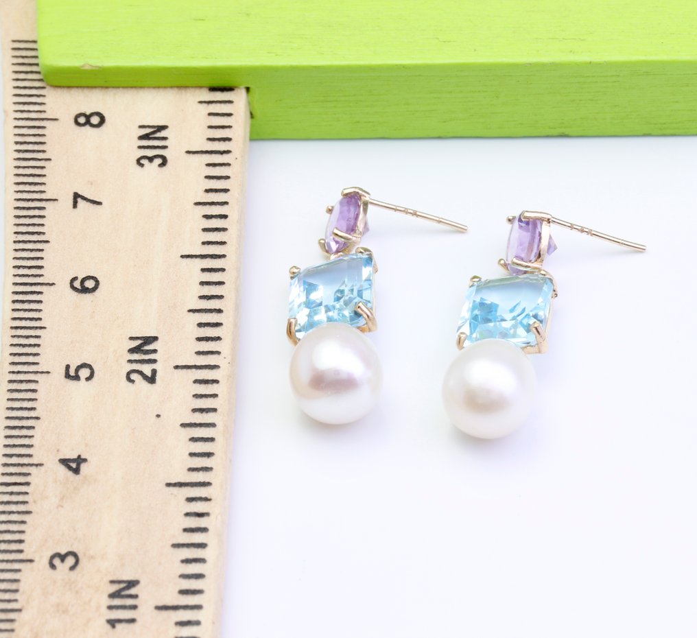 没有保留价 - 耳环 - 14K包金 黄金 珍珠 - 混合宝石 - 紫水晶 - 蓝托帕石 #2.1