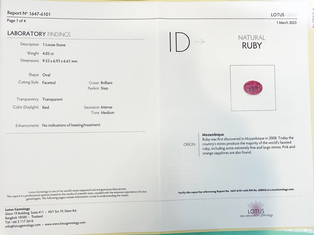 Ruby  - 4.03 ct - Lotus Gemology - Unheated Red #4.3