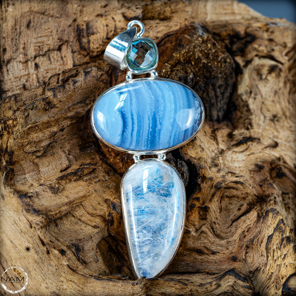 天然海蓝宝石、蓝色玛瑙与闪耀的月光石吊坠 - 925纯银 87,15克拉- 17.43 g #3.2