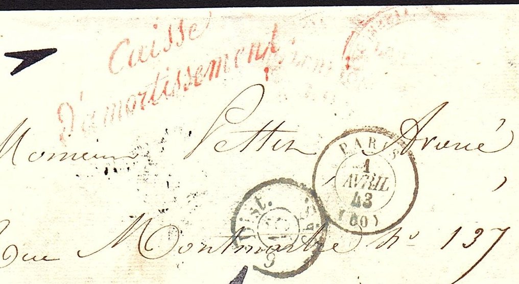 法国  - 摊销基金会 - 先驱 - 巴黎 1843年4月1日，红色直线印章和 #1.0