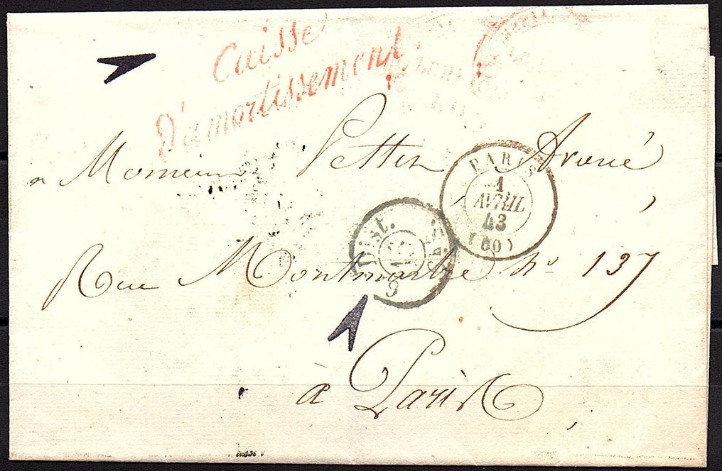 法国  - 摊销基金会 - 先驱 - 巴黎 1843年4月1日，红色直线印章和 #1.0