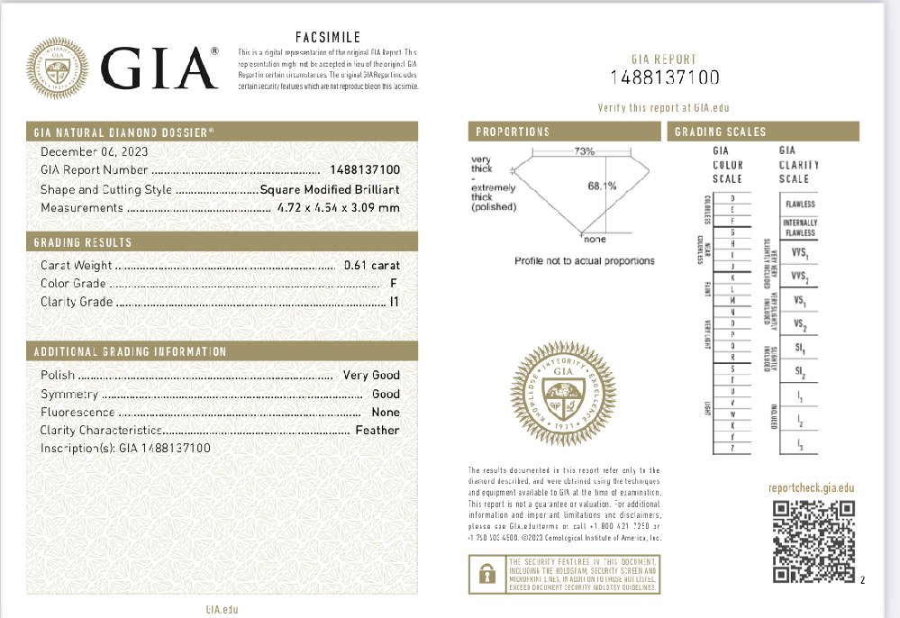 1 pcs 钻石  (天然)  - 0.61 ct - 方形 - F - I1 内含一级 - 意大利宝石学院（IGI） #3.2
