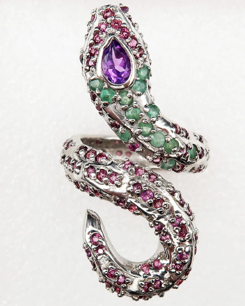 Ametist - Argint, Inel Cobra „Gardianul Porții”: Protecție Oculte & Al Treilea Ochi - Argint 925, smarald, granat - Inel #3.2
