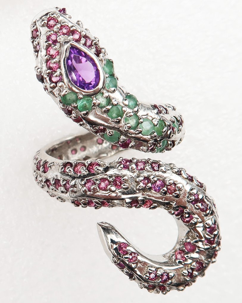 Ametist - Argint, Inel Cobra „Gardianul Porții”: Protecție Oculte & Al Treilea Ochi - Argint 925, smarald, granat - Inel #4.3