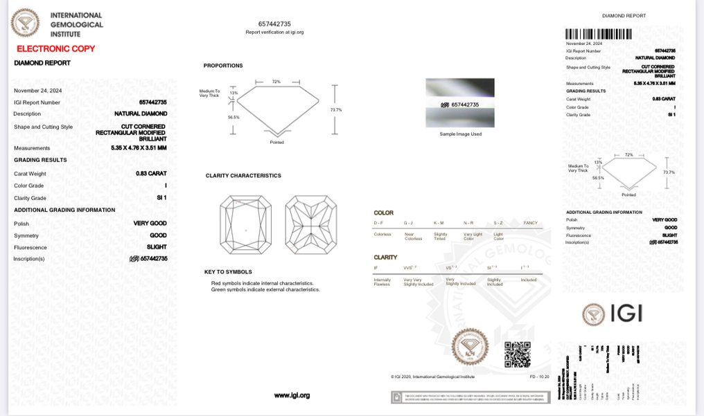 1 pcs Gyémánt (Természetes) - 0.83 ct - Radiant - I - SI1 - Nemzetközi Gemmológiai Intézet (IGI) #2.1