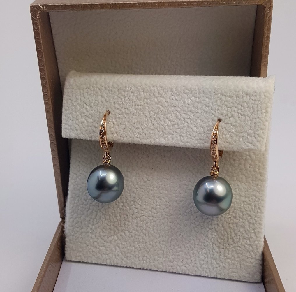 Korvakorut - 14 kt. Ruusukulta - 0.09ct. tw. - 10x11mm Tahitian Pearls #3.2