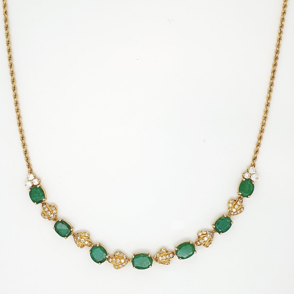 项链 - 18K包金 黄金 -  6.08ct. tw. 祖母绿 - 钻石 - IGE 证书 #1.0