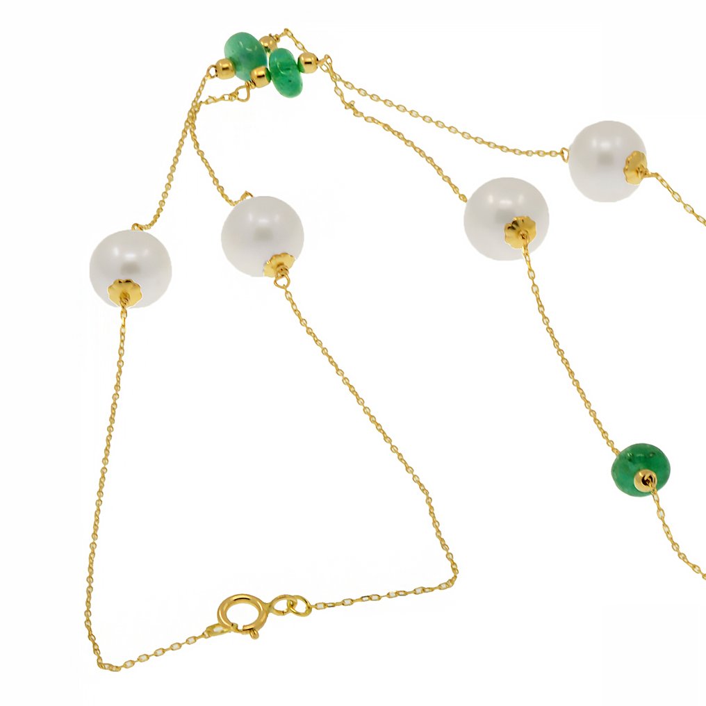 Zonder Minimumprijs - Halsketting - 18 karaat Geel goud Parel - Smaragd #3.2