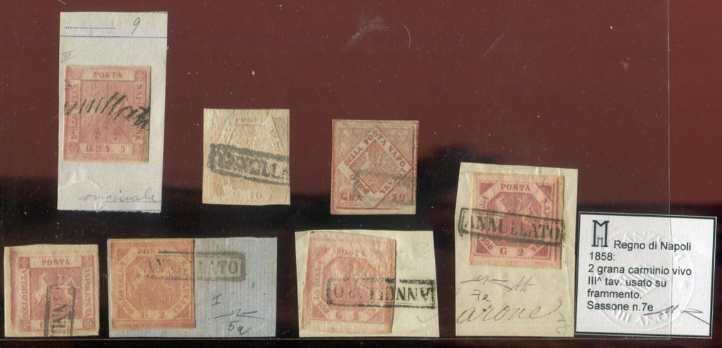 Αρχαία ιταλικά κράτη - Νάπολη 1858/1860 - Όμορφη επιλογή των αξιών του Βασιλείου της Νάπολης, συμπεριλαμβανομένου ενός ψεύτικου για απάτη. - Sassone 4a, 5a, 6b, 7e, 9, 11, F13 -Falso del 6° tipo- #1.0