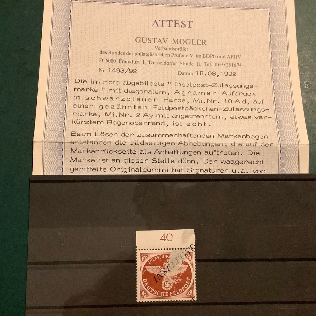 德意志帝国 1944 - 黑蓝色印刷，配有Mogler照片证书 - Michel 10 A d #1.0