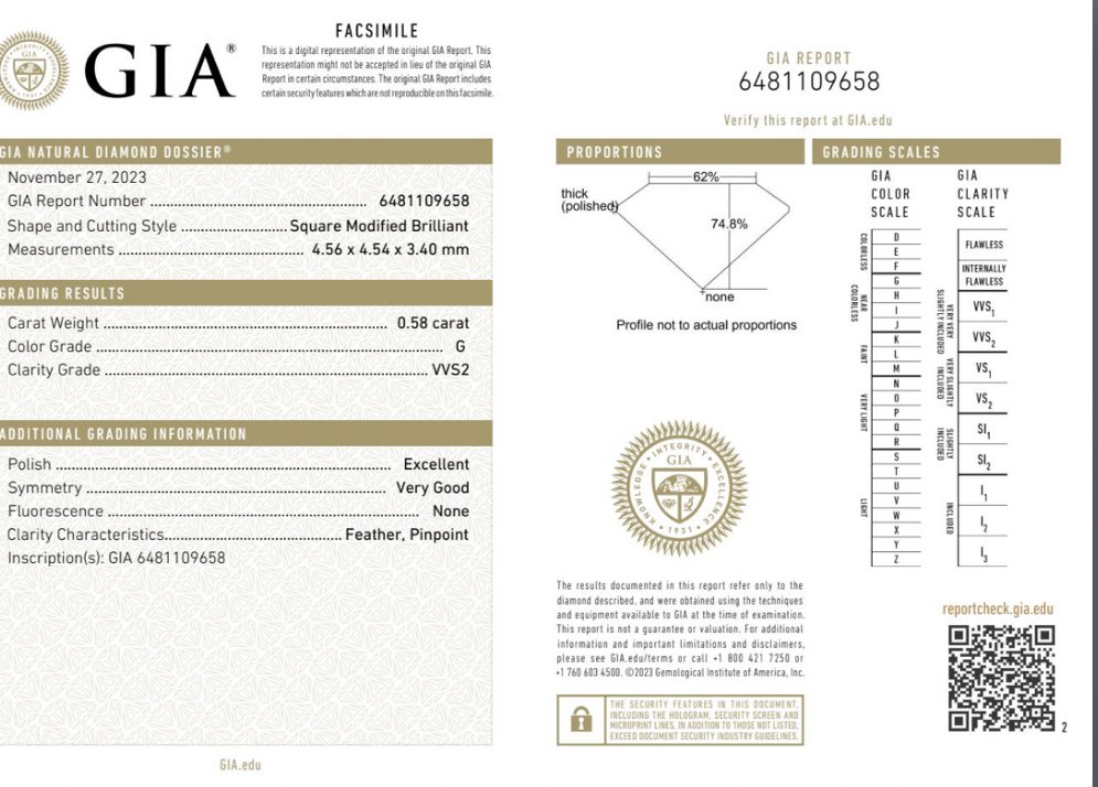 1 pcs 钻石 (天然) - 0.58 ct - 方形 - G - VVS2 极轻微内含二级 - 美国宝石研究院(GIA) #1.0