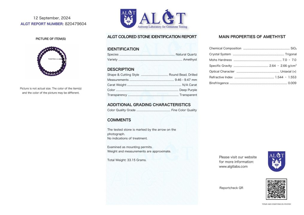 Ei varaushintaa - ALGT-sertifioitu - Luonnollinen ja eksklusiivinen ametistikaulakoru - Upeat violetit sävyt- 33.15 g #2.1