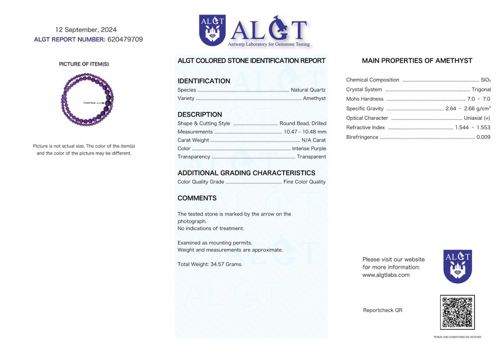 Χωρίς κράτηση - Πιστοποιημένο ALGT - Φυσικό και αποκλειστικό κολιέ από αμέθυστο - Υπέροχες μωβ αποχρώσεις- 34.57 g #2.1