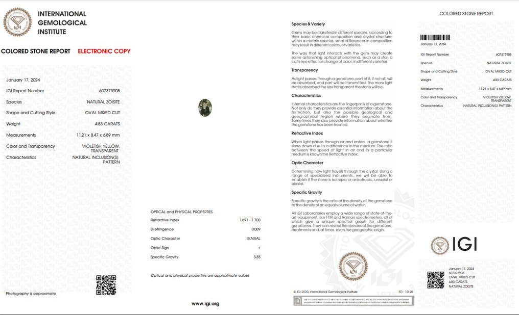 Giallo Zoisite - 4.83 ct - International Gemological Institute (IGI) #2.1