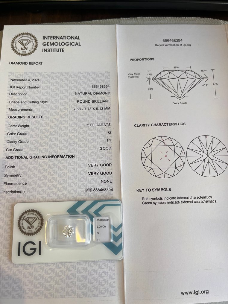 1 pcs 钻石 (天然) - 2.00 ct - 圆形 - G - I1 内含一级 - 国际宝石研究院(IGI) #3.2