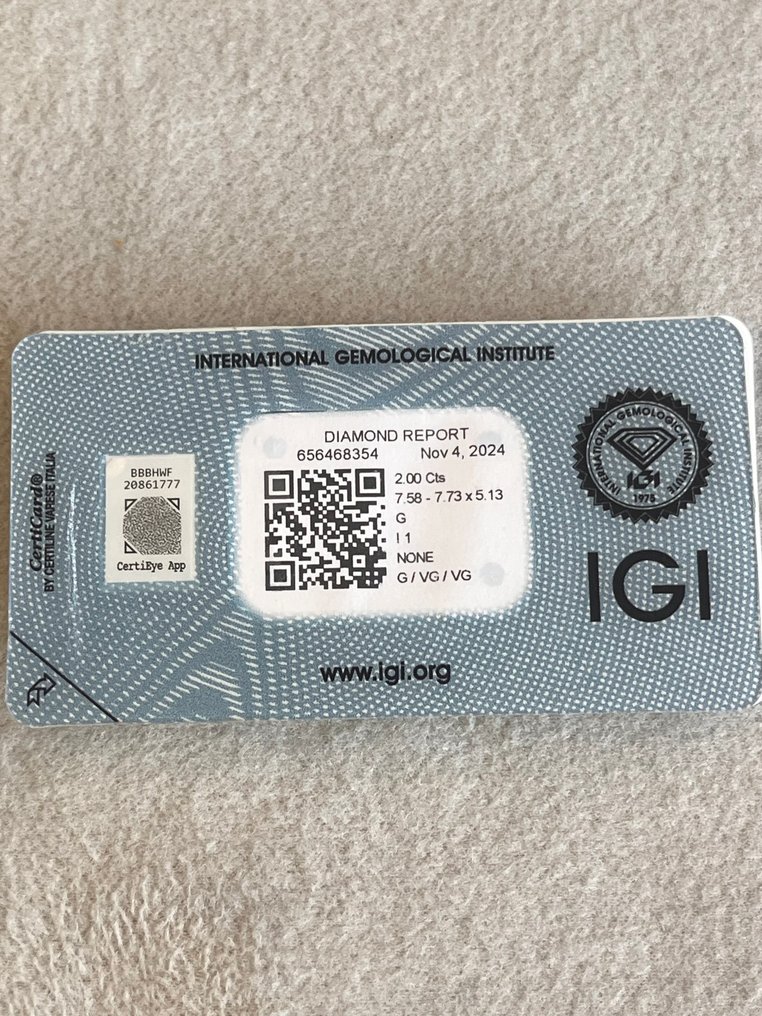 1 pcs 钻石 (天然) - 2.00 ct - 圆形 - G - I1 内含一级 - 国际宝石研究院(IGI) #1.0