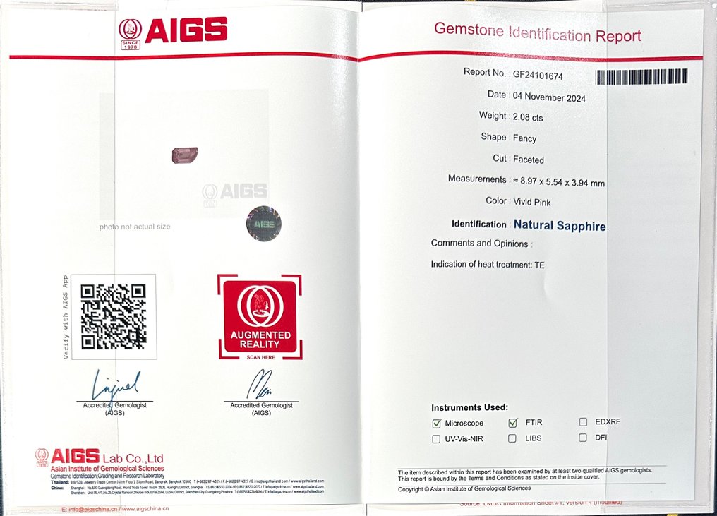 Pink Sapphire - 2.08 ct - Asian Institute of Gemological Sciences (AIGS) - Fine Vivid Colour #2.1