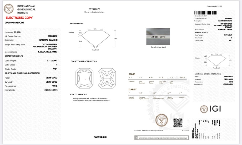 1 pcs 钻石  (天然)  - 0.71 ct - 雷地恩型 - H - VS1 轻微内含一级 - 意大利宝石学院（IGI） #2.1