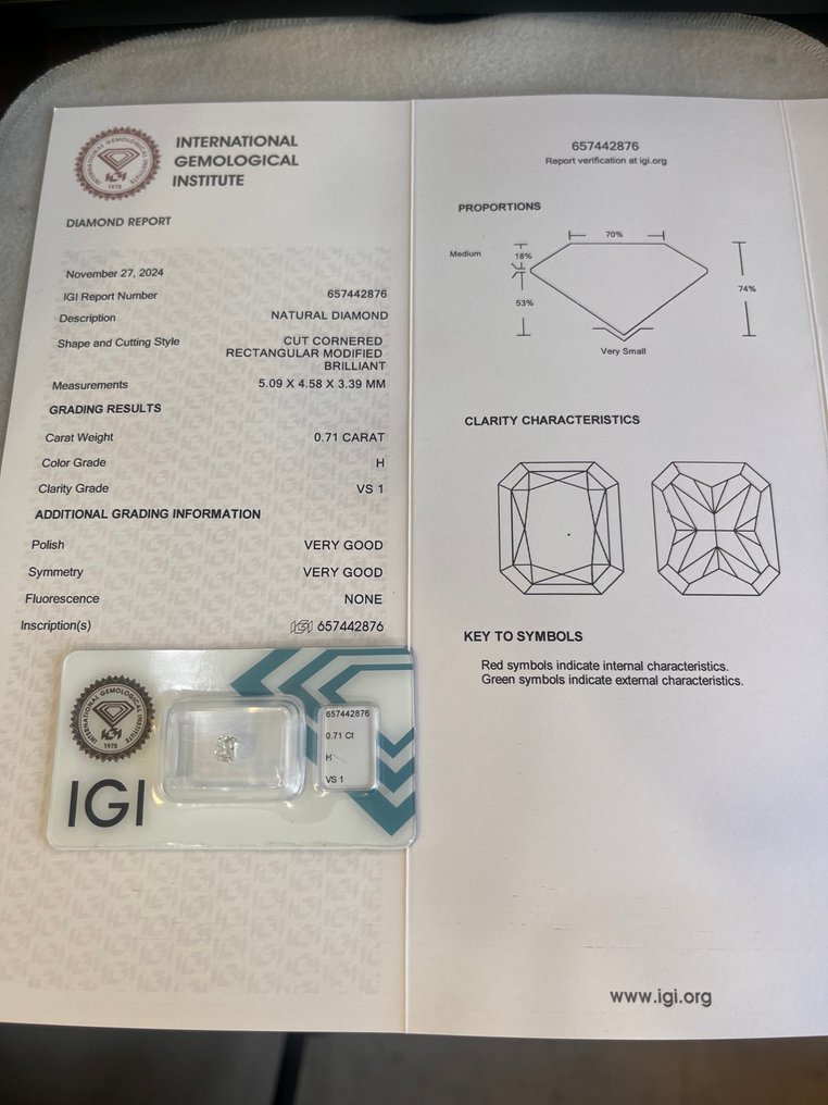 1 pcs 钻石  (天然)  - 0.71 ct - 雷地恩型 - H - VS1 轻微内含一级 - 意大利宝石学院（IGI） #3.2