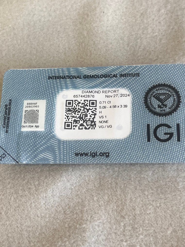 1 pcs 钻石  (天然)  - 0.71 ct - 雷地恩型 - H - VS1 轻微内含一级 - 意大利宝石学院（IGI） #1.0