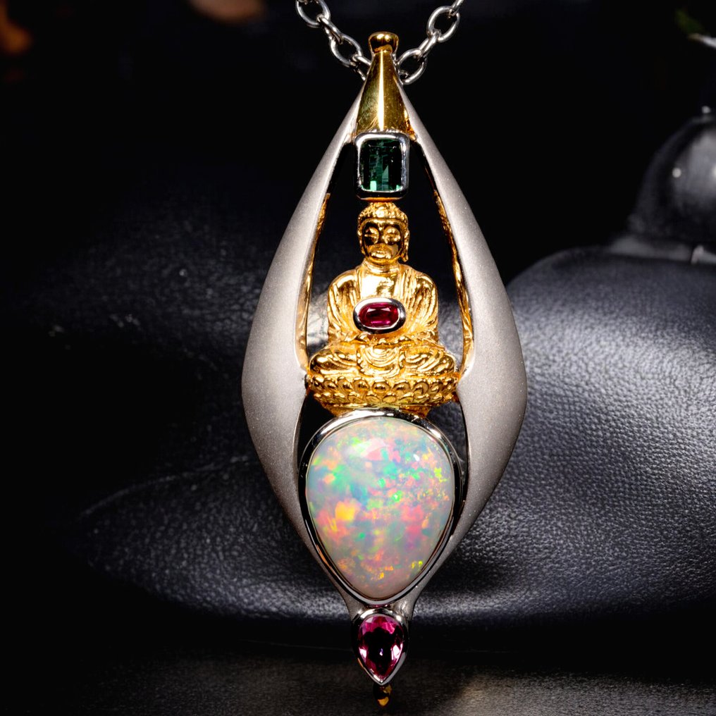 Satin Silver and Gold Pendant with Opal, Ruby, and Tourmalines. - Height: 71.5 mm - Width: 30 mm- 27 g #1.0