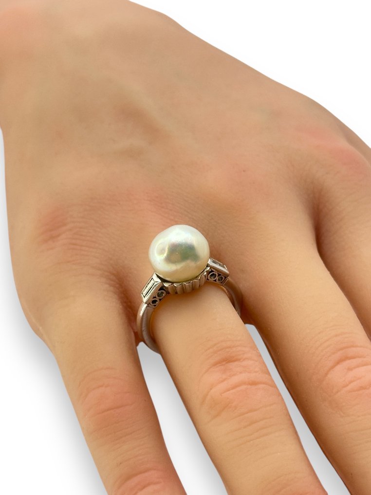 戒指 铂金戒指，镶有一颗大珍珠和两圈钻石 -  0.51ct. tw. 珍珠 #2.1