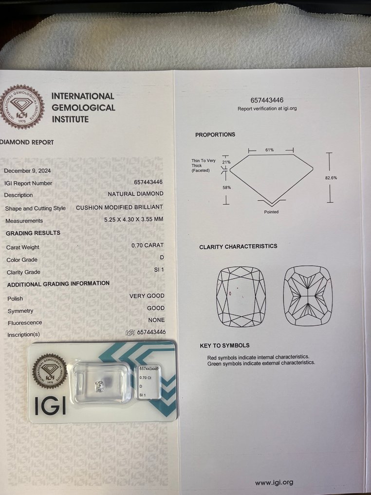 1 pcs Διαμάντι (Φυσικό) - 0.70 ct - Κούσιον - D (άχρωμο) - SI1 - International Gemological Institute (IGI) #3.2