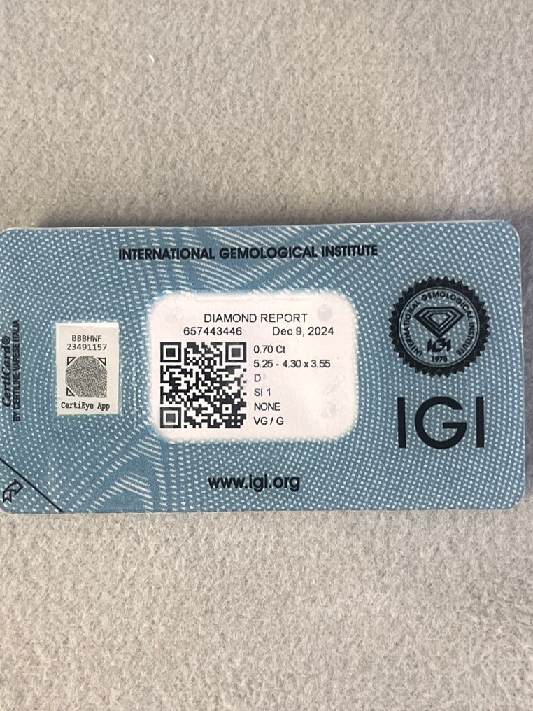 1 pcs Διαμάντι (Φυσικό) - 0.70 ct - Κούσιον - D (άχρωμο) - SI1 - International Gemological Institute (IGI) #1.0