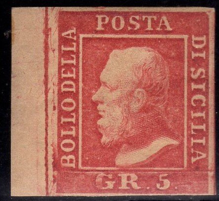 Αρχαία ιταλικά κράτη - Σικελία  - Εικόνα της Σικελίας με τον Φερδινάνδο Β΄, διαμέτρου 5, σε χρώμα ροζ καρμίνιο, με περίγραμμα σε - Sassone nr 9 #1.0