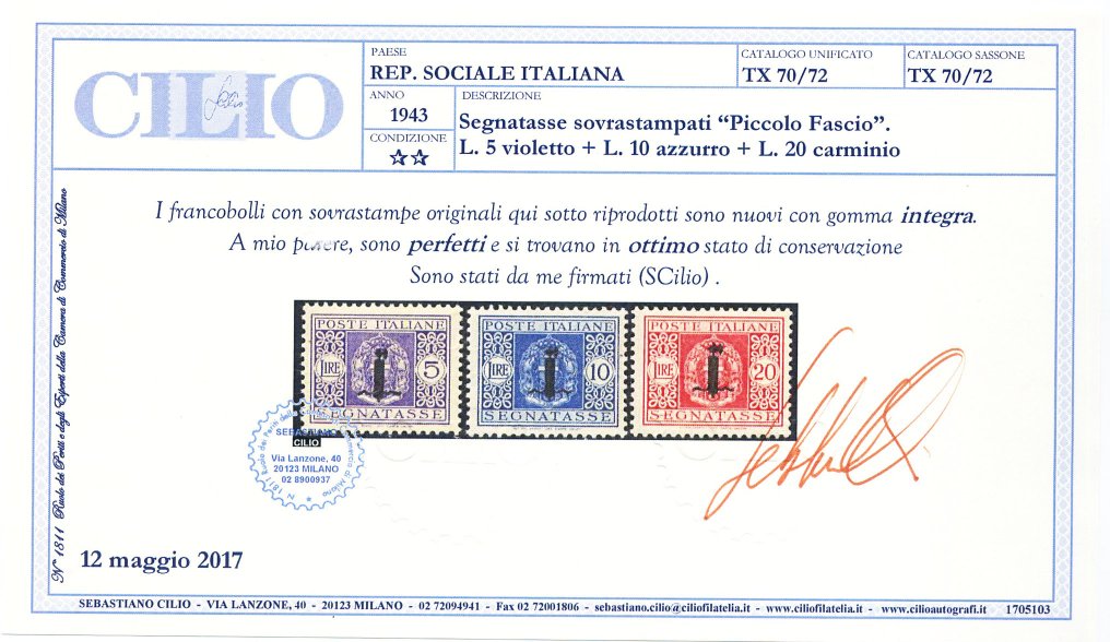 Ιταλία 1944 - RSI - επιτυπωμένα φορολογικά ένσημα "fascetto", πλήρης σειρά 13 άριστα κεντραρισμένων αξιών. - Sassone T60/72 #1.0