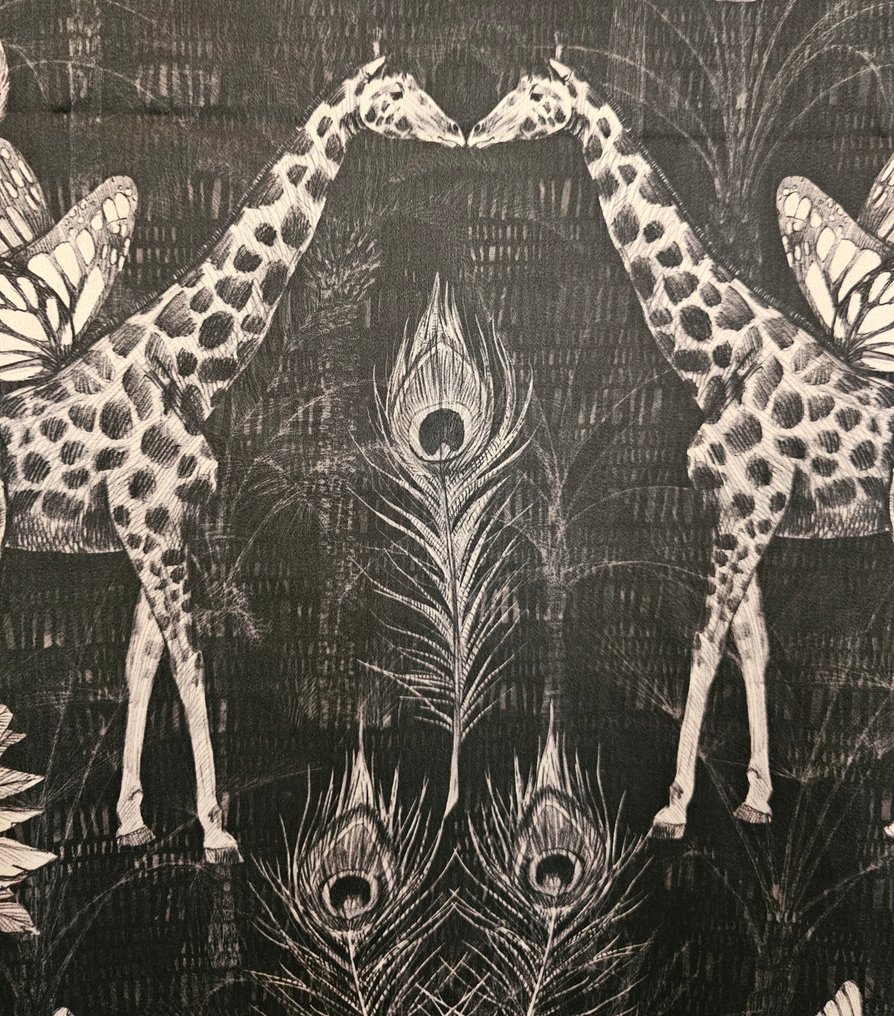 奢华面料 轻薄棉缎，带有大象和长颈鹿图案 - 300x300厘米 - 丝绸效果 - 纺织品  - 300 cm - 300 cm #1.0
