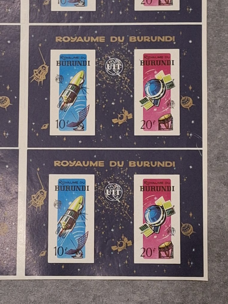 布隆迪  - 1965年 - 稀有的未裁剪整张，由6块组成，编号为BL7A，未染色，来自U.I.T. +RRR+ #3.2