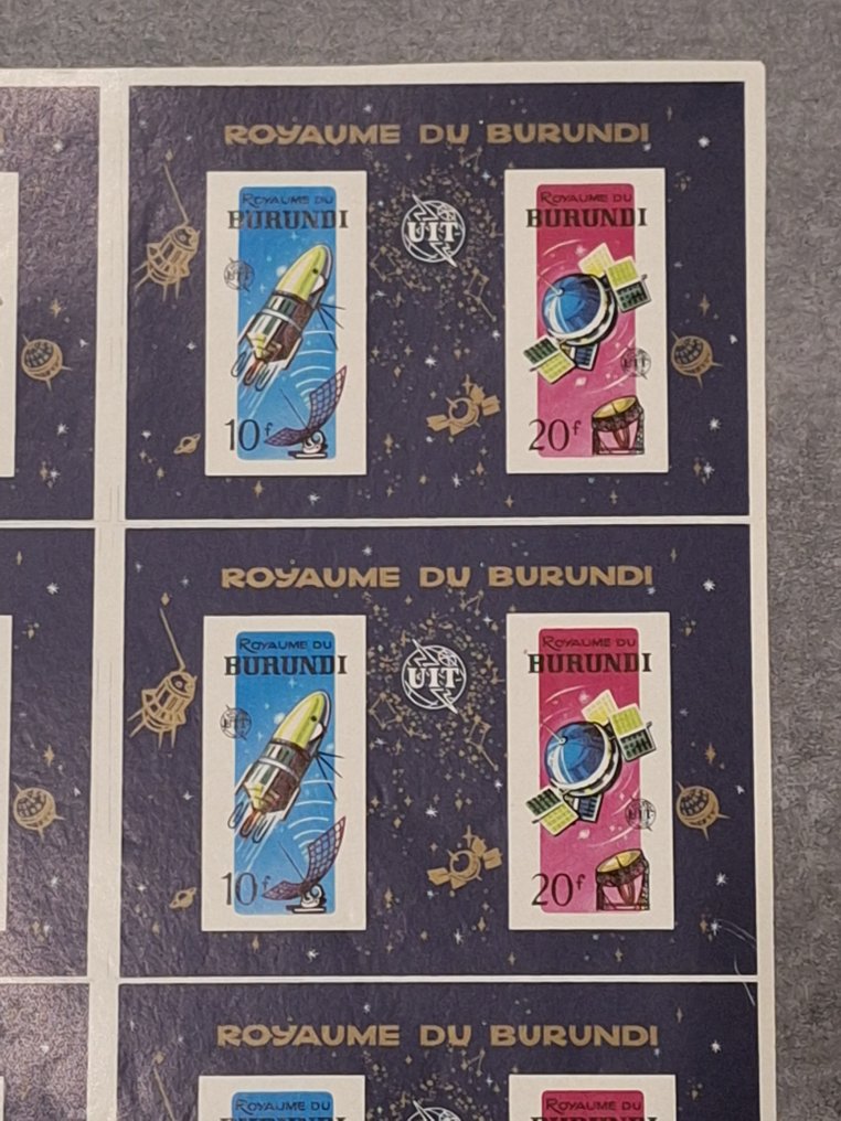 布隆迪  - 1965年 - 稀有的未裁剪整张，由6块组成，编号为BL7A，未染色，来自U.I.T. +RRR+ #1.0