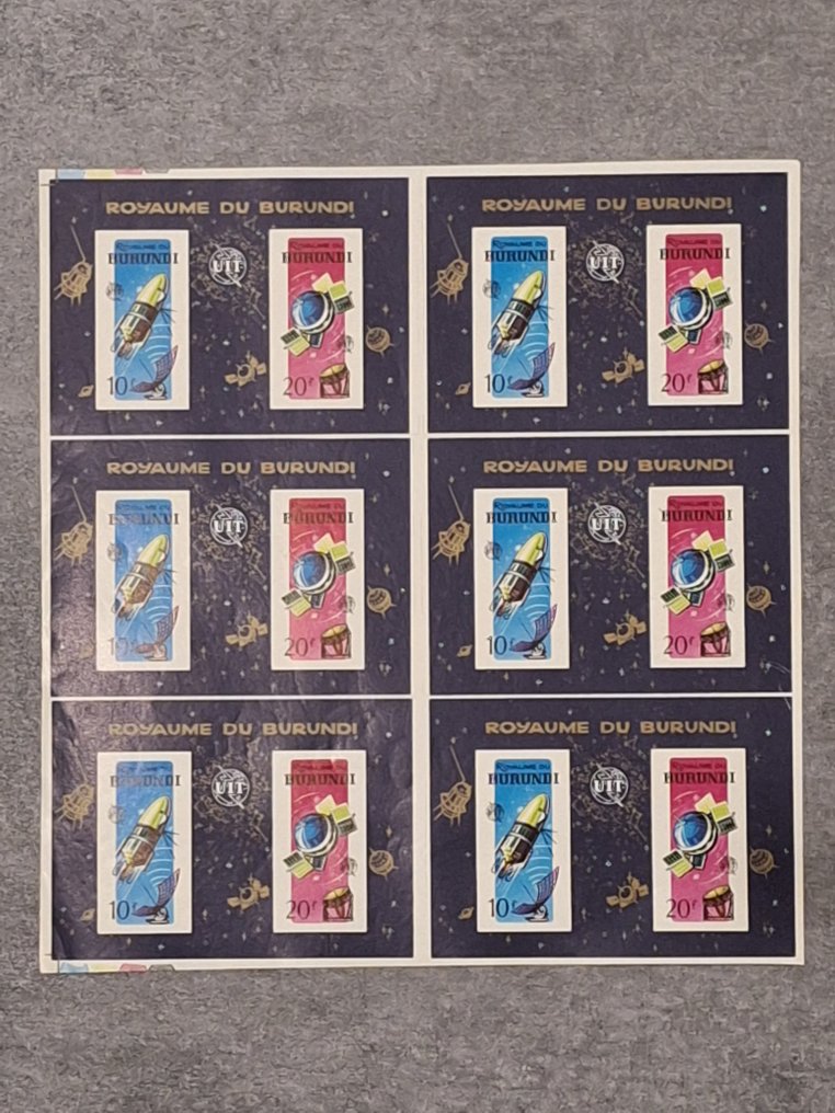 布隆迪  - 1965年 - 稀有的未裁剪整张，由6块组成，编号为BL7A，未染色，来自U.I.T. +RRR+ #1.0